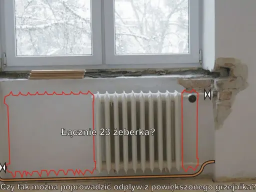 Jak przeliczyć grzejnik żeliwny na aluminiowy? Obliczenia dla 23 żeber. Czy tak można poprowadzić odpływ z powiększonego grzejnika?