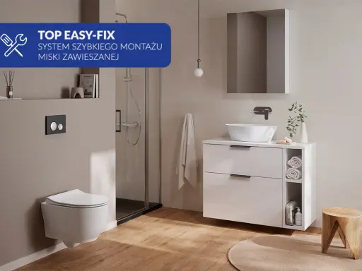Nowoczesna łazienka z podwieszaną miską WC. System szybkiego montażu miski WC z ukrytym mocowaniem zapewnia estetykę i łatwość instalacji.