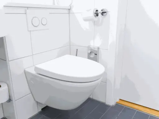 Nowoczesna, wisząca miska WC wydaje się być zamontowana za nisko, co może utrudniać korzystanie. Obok rolka papieru toaletowego.