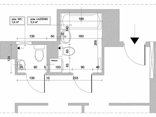 Rzut łazienki i WC z wymiarami. Minimalne wymiary kabiny WC to 1,6 m², łazienki 5,3 m². Widoczna wanna, umywalka, toaleta, pralka.