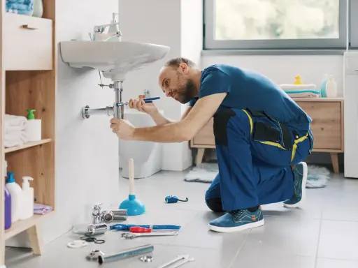 Hydraulik wykonuje demontaż baterii umywalkowej, używając klucza do odkręcenia syfonu.
