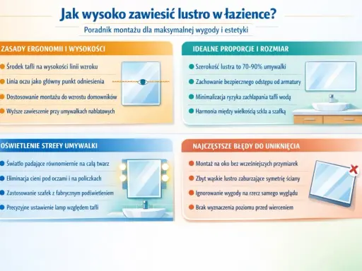 Zasady ergonomii montażu lustra w łazience: środek tafli na wysokości linii wzroku, dopasowanie do wzrostu domowników. Wyższe zawieszenie przy umywalkach nablatowych.