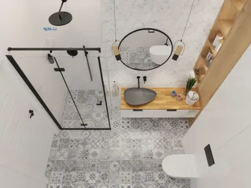 Nowoczesna łazienka 4m2 inspiracje: czarna armatura, geometryczne płytki, drewniany blat i szara umywalka tworzą stylowe wnętrze.