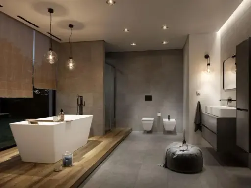 Nowoczesna łazienka w stylu spa z wolnostojącą wanną, dwoma umywalkami i prysznicem. Stonowana kolorystyka i drewniane akcenty tworzą relaksującą atmosferę.