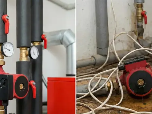Prawidłowy montaż pompy CO: czysta instalacja, manometry i zawory po lewej; stara, brudna instalacja z wyciekiem po prawej.
