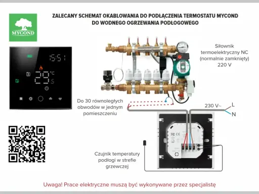 Schemat podłączenia termostatu Mycond. Czujnik temperatury podłogi montowany w strefie grzewczej.