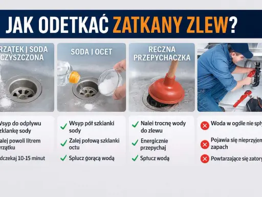 Instrukcja jak odetkać zatkany zlew: soda z wrzątkiem, soda z octem, przepychaczka. Woda stoi, bo zlew jest zapchany.