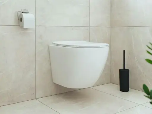 Nowoczesna łazienka z wiszącą muszlą klozetową. Obok stojąca szczotka i kaktus w wiklinowym koszu.
