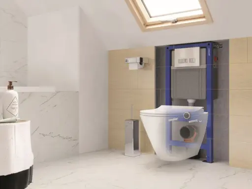 Wizualizacja instalacji WC podwieszanego pokazuje, ile miejsca zajmuje stelaż i miska, tworząc nowoczesną łazienkę.