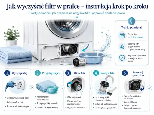 Instrukcja czyszczenia filtra magnetycznego w pralce: odłącz prąd, przygotuj miejsce, odkręć, wyczyść i zamontuj. Regularne czyszczenie zapobiega awariom.