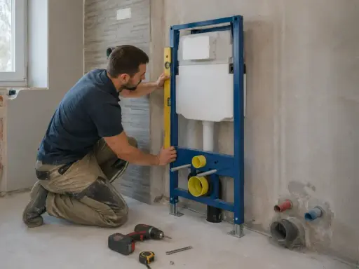 Instalator sprawdza montaż geberitu wysokość za pomocą poziomicy. Obok leżą narzędzia.
