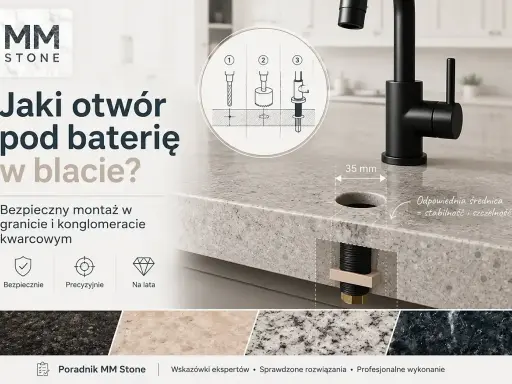 Jaki otwór pod baterię w blacie? Poradnik MM Stone pokazuje prawidłowe wykonanie otworu 35 mm dla stabilności i szczelności.