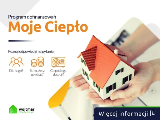 Program "Moje Ciepło" - poznaj warunki dotacji. Ikony symbolizują: dla kogo, ile można uzyskać, co podlega dofinansowaniu. Model domu w dłoniach.