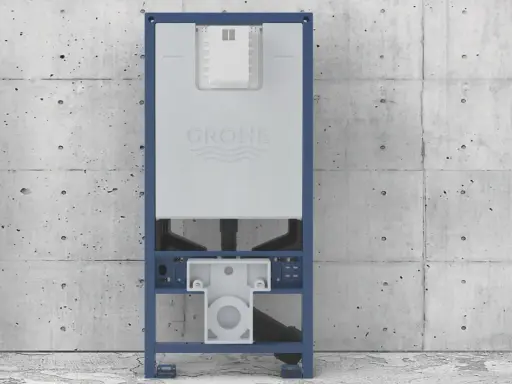 Stelaż podtynkowy Grohe z widocznym mechanizmem spłuczki. Pokazuje, jak ważna jest precyzyjna odległość geberitu od ściany dla estetyki i funkcjonalności łazienki.