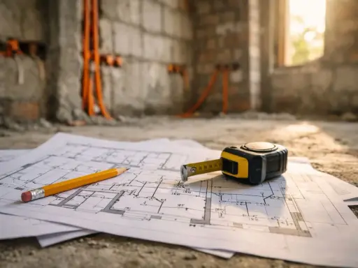 Plany i miarka na budowie, gdzie trwa instalacja c.o. Pomarańczowe rury biegną po ścianach.