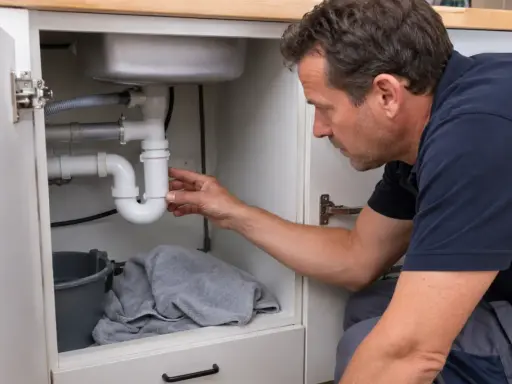 Instalator sprawdza syfon pod zlewem, szukając przyczyny, dlaczego śmierdzi w nowej łazience. Pod zlewem stoi wiaderko i ręcznik.