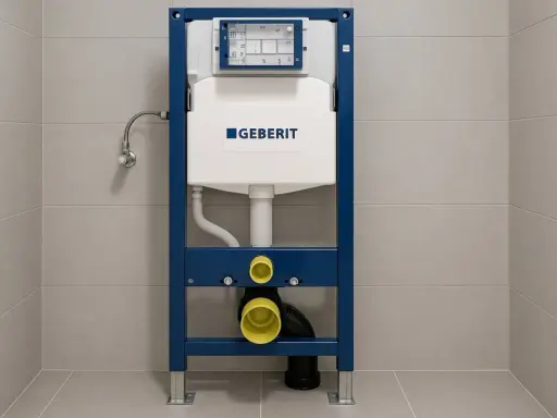 Stelaż Geberit z podtynkowym zbiornikiem i przyłączami hydraulicznymi, gotowy do montażu, zapewniający ciche spłukiwanie wody w toalecie.