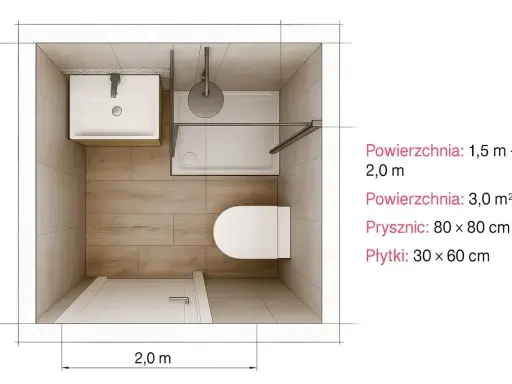 Projekt małej łazienki wymiary: 2,0 m x 3,0 m. Widok z góry na umywalkę, toaletę i prysznic 80x80 cm.