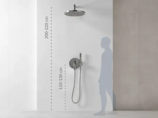 Prawidłowy montaż słuchawki prysznicowej: deszczownica na 200-220 cm, panel sterowania na 110-130 cm.