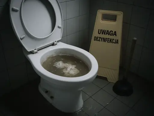 Zatkany kibel z papierem i wodą. Obok stojak "Uwaga dezynfekcja" i przepychacz, który pomoże jak odetkać kibel.