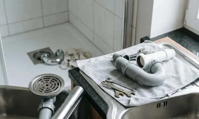 Nowe elementy syfonu i klucze czekają na montaż, by raz na zawsze wyeliminować smród z kanalizacji.