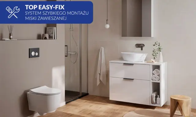 Nowoczesna łazienka z podwieszaną miską WC. System szybkiego montażu miski WC z ukrytym mocowaniem zapewnia estetykę i łatwość instalacji.