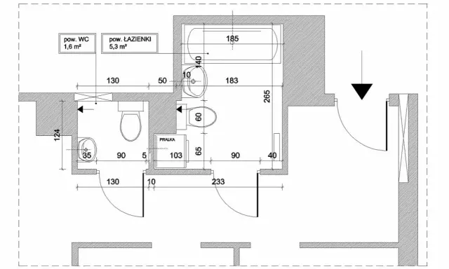 Rzut łazienki i WC z wymiarami. Minimalne wymiary kabiny WC to 1,6 m², łazienki 5,3 m². Widoczna wanna, umywalka, toaleta, pralka.