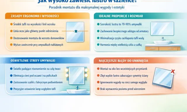 Zasady ergonomii montażu lustra w łazience: środek tafli na wysokości linii wzroku, dopasowanie do wzrostu domowników. Wyższe zawieszenie przy umywalkach nablatowych.