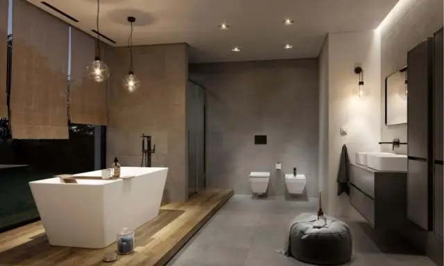 Nowoczesna łazienka w stylu spa z wolnostojącą wanną, dwoma umywalkami i prysznicem. Stonowana kolorystyka i drewniane akcenty tworzą relaksującą atmosferę.