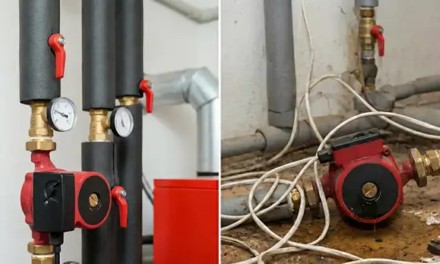 Prawidłowy montaż pompy CO: czysta instalacja, manometry i zawory po lewej; stara, brudna instalacja z wyciekiem po prawej.