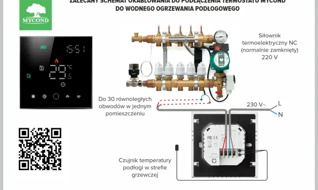 Schemat podłączenia termostatu Mycond. Czujnik temperatury podłogi montowany w strefie grzewczej.