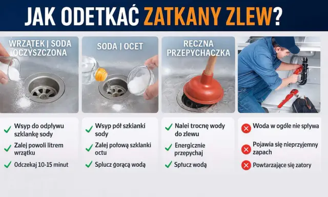 Instrukcja jak odetkać zatkany zlew: soda z wrzątkiem, soda z octem, przepychaczka. Woda stoi, bo zlew jest zapchany.