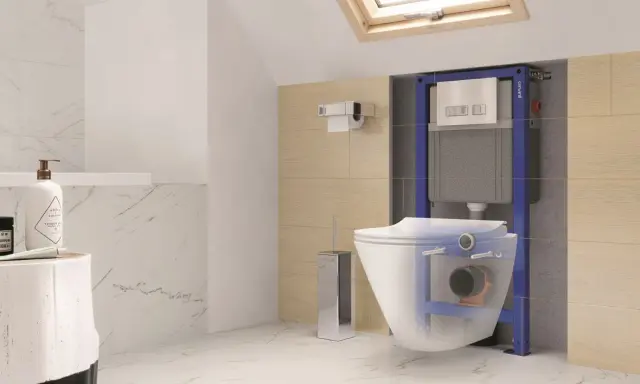 Wizualizacja instalacji WC podwieszanego pokazuje, ile miejsca zajmuje stelaż i miska, tworząc nowoczesną łazienkę.