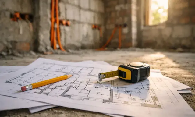 Plany i miarka na budowie, gdzie trwa instalacja c.o. Pomarańczowe rury biegną po ścianach.
