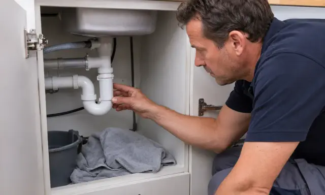 Instalator sprawdza syfon pod zlewem, szukając przyczyny, dlaczego śmierdzi w nowej łazience. Pod zlewem stoi wiaderko i ręcznik.