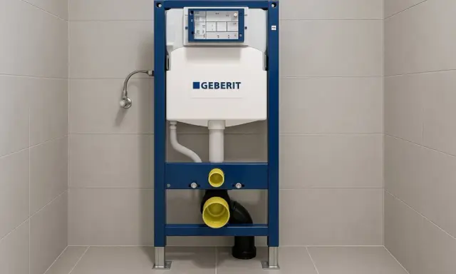 Stelaż Geberit z podtynkowym zbiornikiem i przyłączami hydraulicznymi, gotowy do montażu, zapewniający ciche spłukiwanie wody w toalecie.