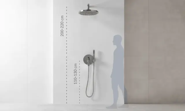 Prawidłowy montaż słuchawki prysznicowej: deszczownica na 200-220 cm, panel sterowania na 110-130 cm.