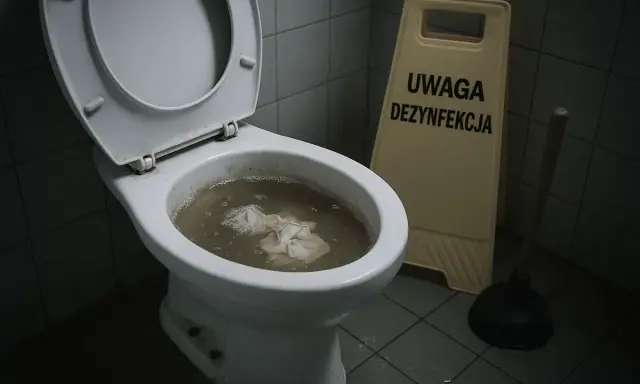 Zatkany kibel z papierem i wodą. Obok stojak "Uwaga dezynfekcja" i przepychacz, który pomoże jak odetkać kibel.