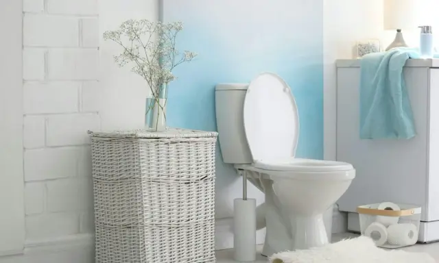 Biała, ceramiczna spłuczka WC starego typu w łazience z wiklinowym koszem i bukietem gipsówki.
