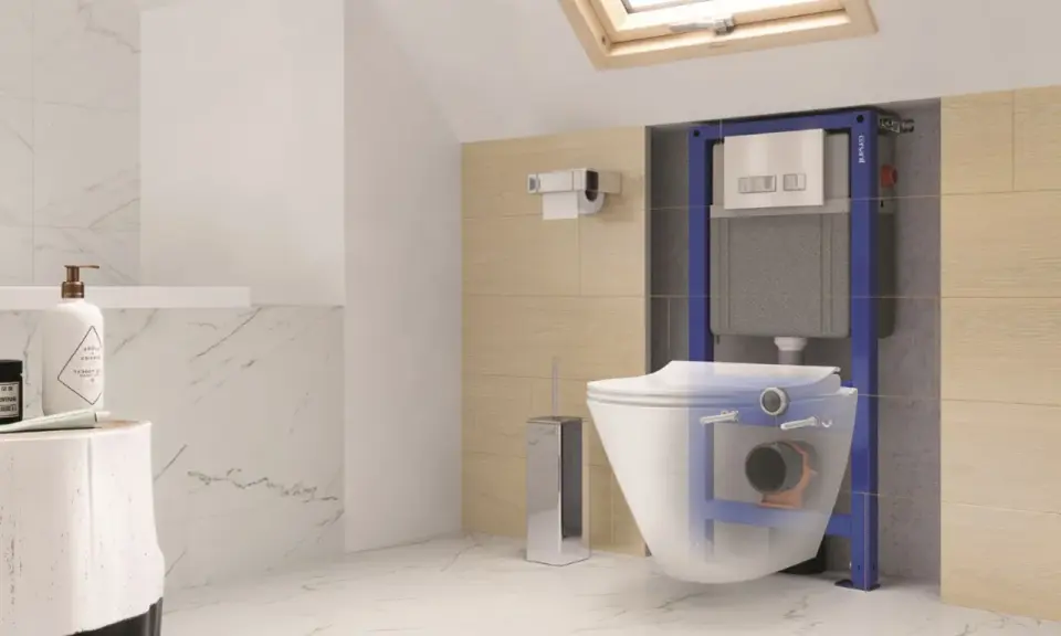 Wizualizacja instalacji WC podwieszanego pokazuje, ile miejsca zajmuje stelaż i miska, tworząc nowoczesną łazienkę.