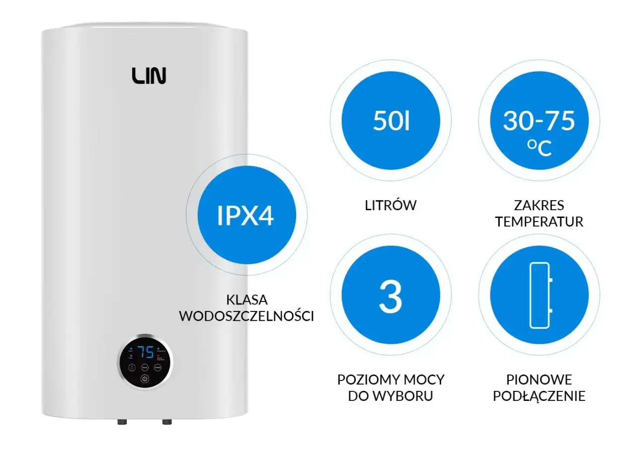 Bojler elektryczny LIN: 50l, IPX4, 3 poziomy mocy, zakres temp. 30-75&deg;C. Dowiedz się, jak ustawić bojler elektryczny.