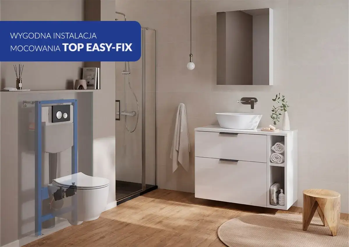 Montaż miski WC z ukrytym mocowaniem. System TOP EASY-FIX ułatwia instalację, zapewniając estetyczny wygląd łazienki.