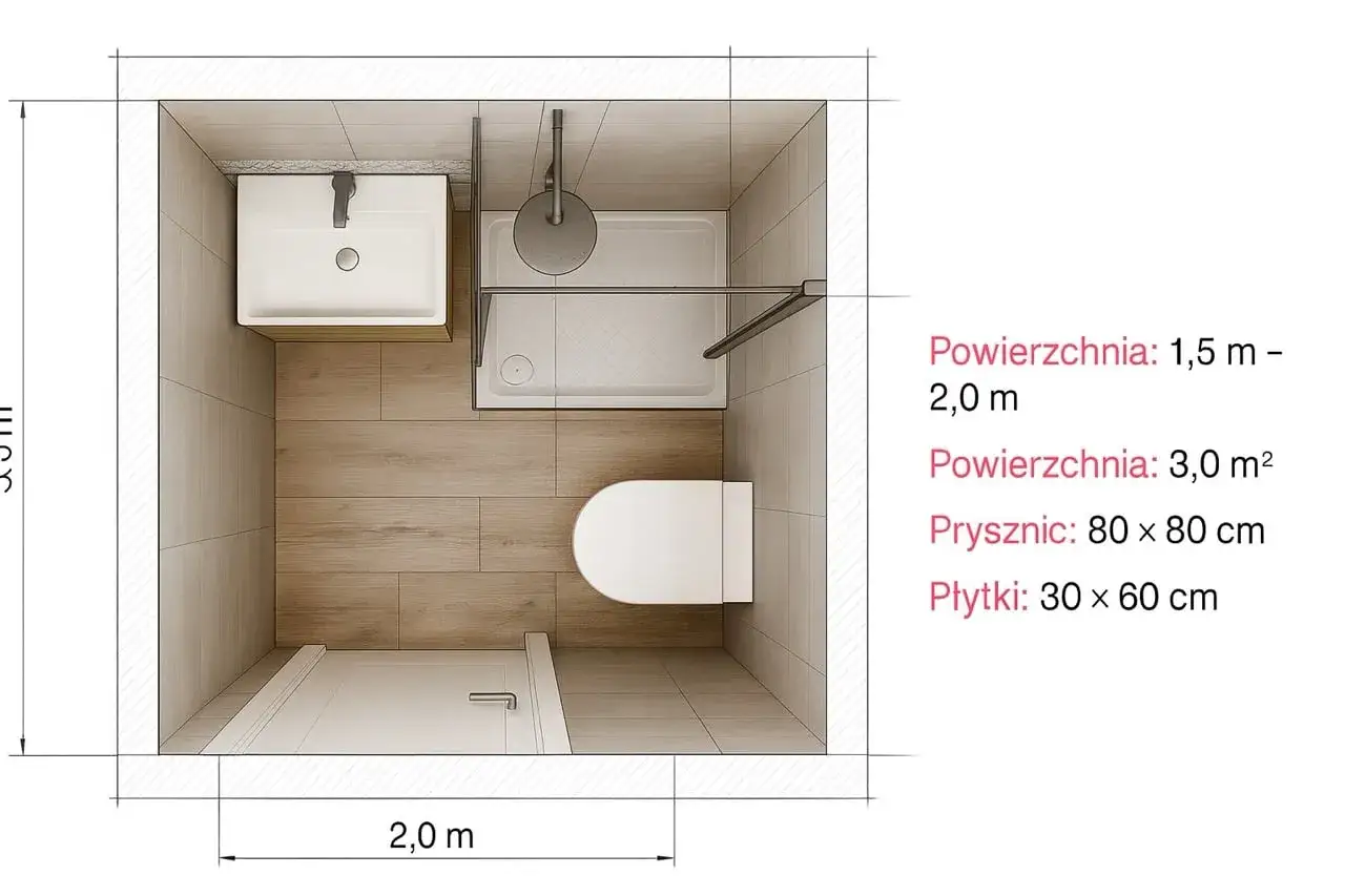 Małe łazienki aranżacje: projekt kompaktowej łazienki z prysznicem 80x80 cm, umywalką i WC. Wymiary 2,0 x 3,5 m.
