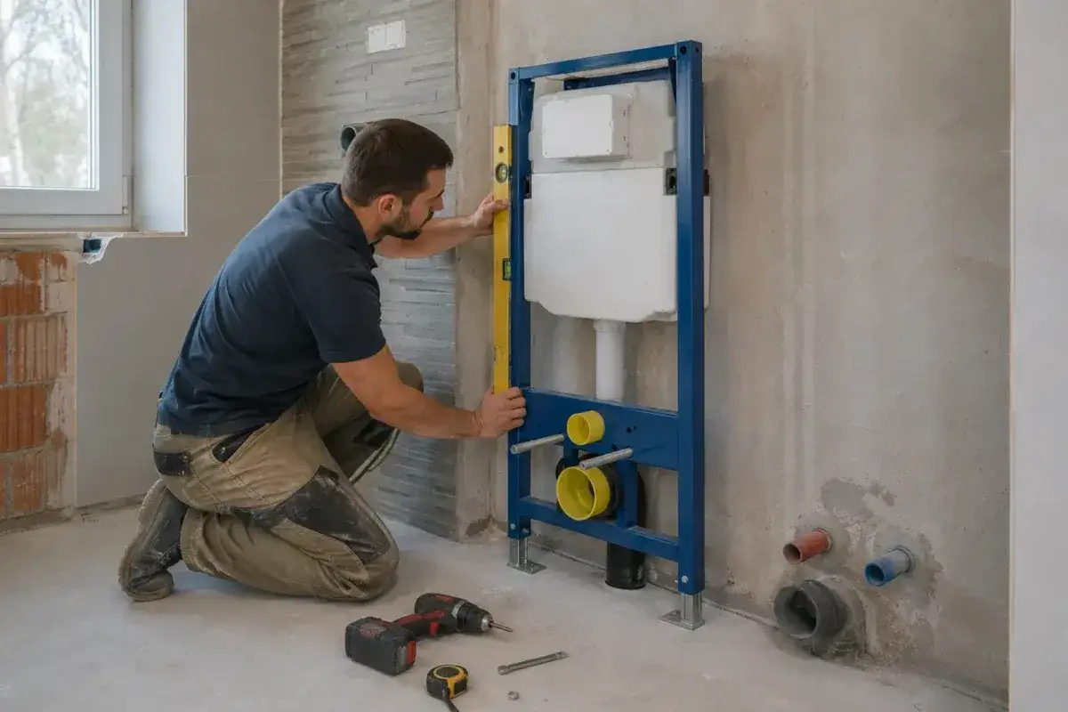 Instalator sprawdza poziom stelaża do muszli klozetowej wiszącej. W pobliżu wiertarka i miarka.
