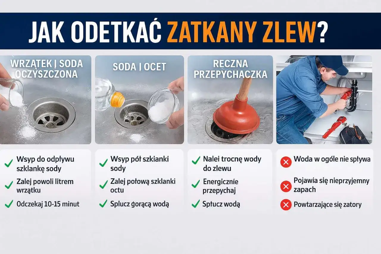 Jak odetkać zatkany zlew? Woda stoi, ale są sposoby: soda z wrzątkiem, soda z octem lub przepychaczka.