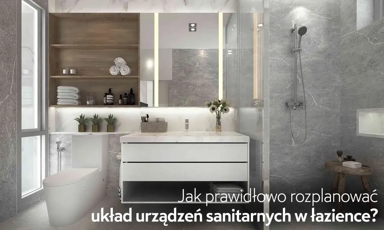 Nowoczesna łazienka z wanną, umywalką i toaletą. Dowiedz się, jak prawidłowo zaplanować rozmieszczenie urządzeń sanitarnych, by stworzyć funkcjonalną przestrzeń.