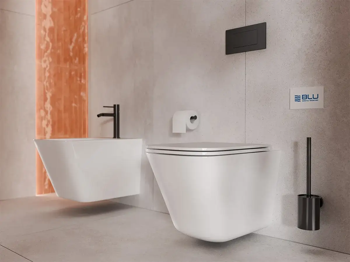 Nowoczesna zabudowa w łazience: wisząca miska WC i bidet z czarną armaturą, obok uchwyt na papier i szczotka.
