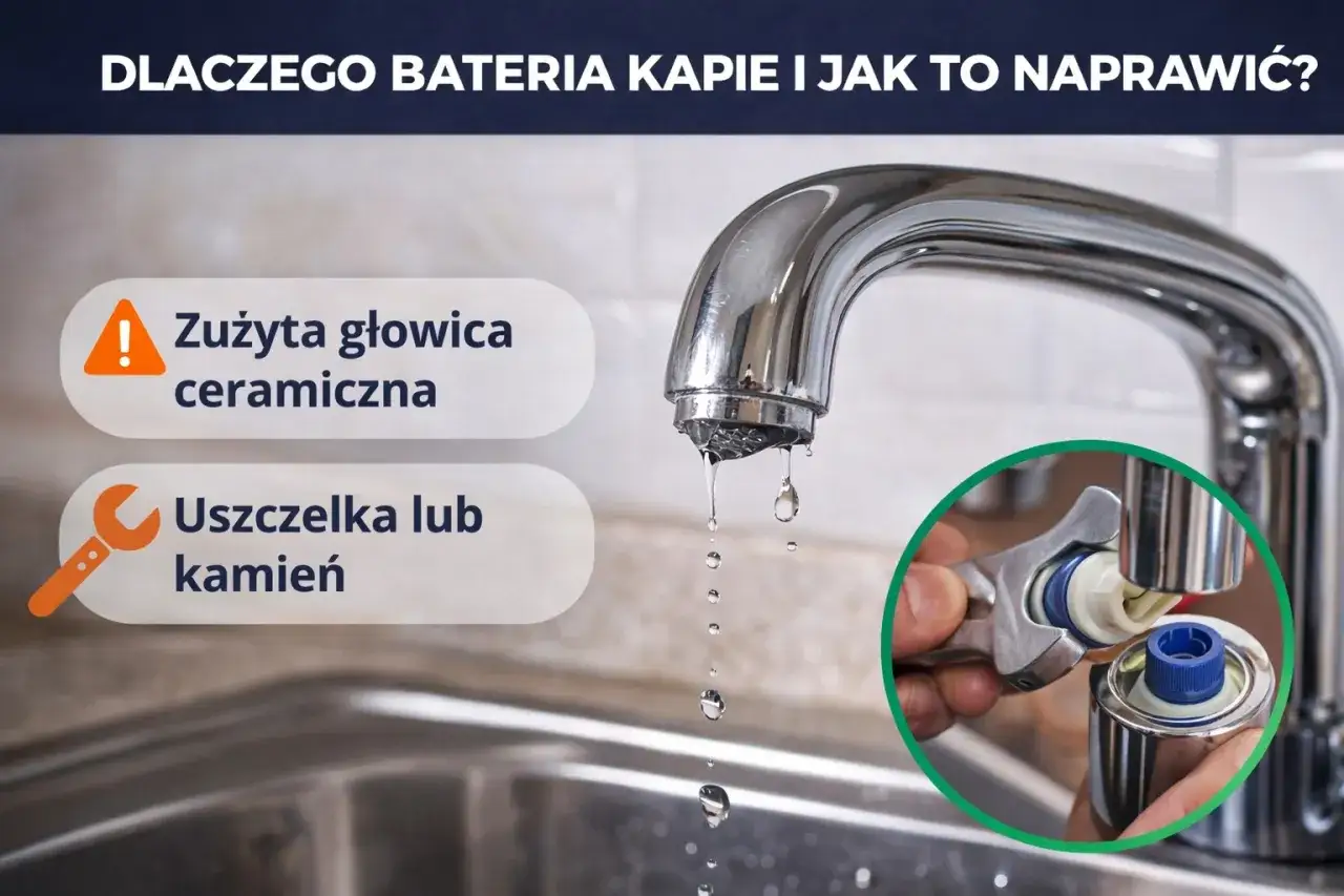 Kran cieknie po zakręceniu, bo zużyta głowica ceramiczna lub uszczelka. Naprawa baterii jest możliwa.