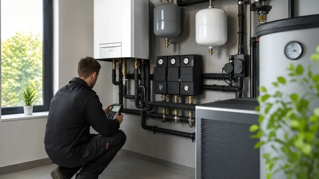 Technik sprawdza instalację grzewczą. Czy przegląd pieca gazowego jest obowiązkowy? Sprawdźmy!