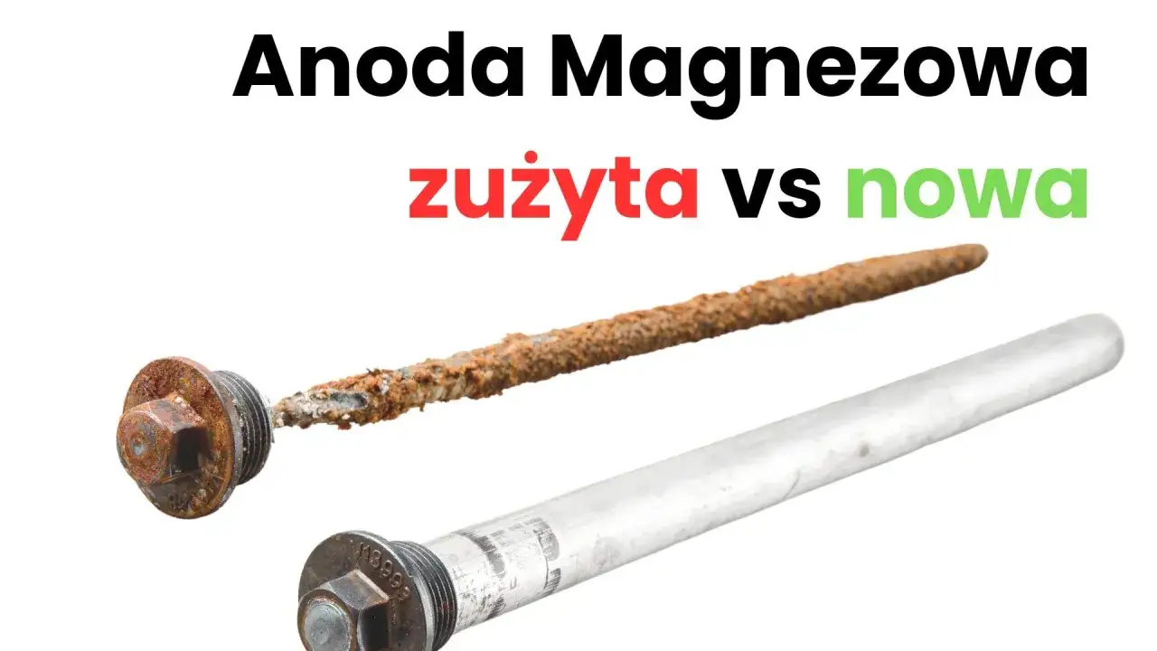 Zużyta, zardzewiała anoda magnezowa w bojlerze obok nowej, lśniącej.